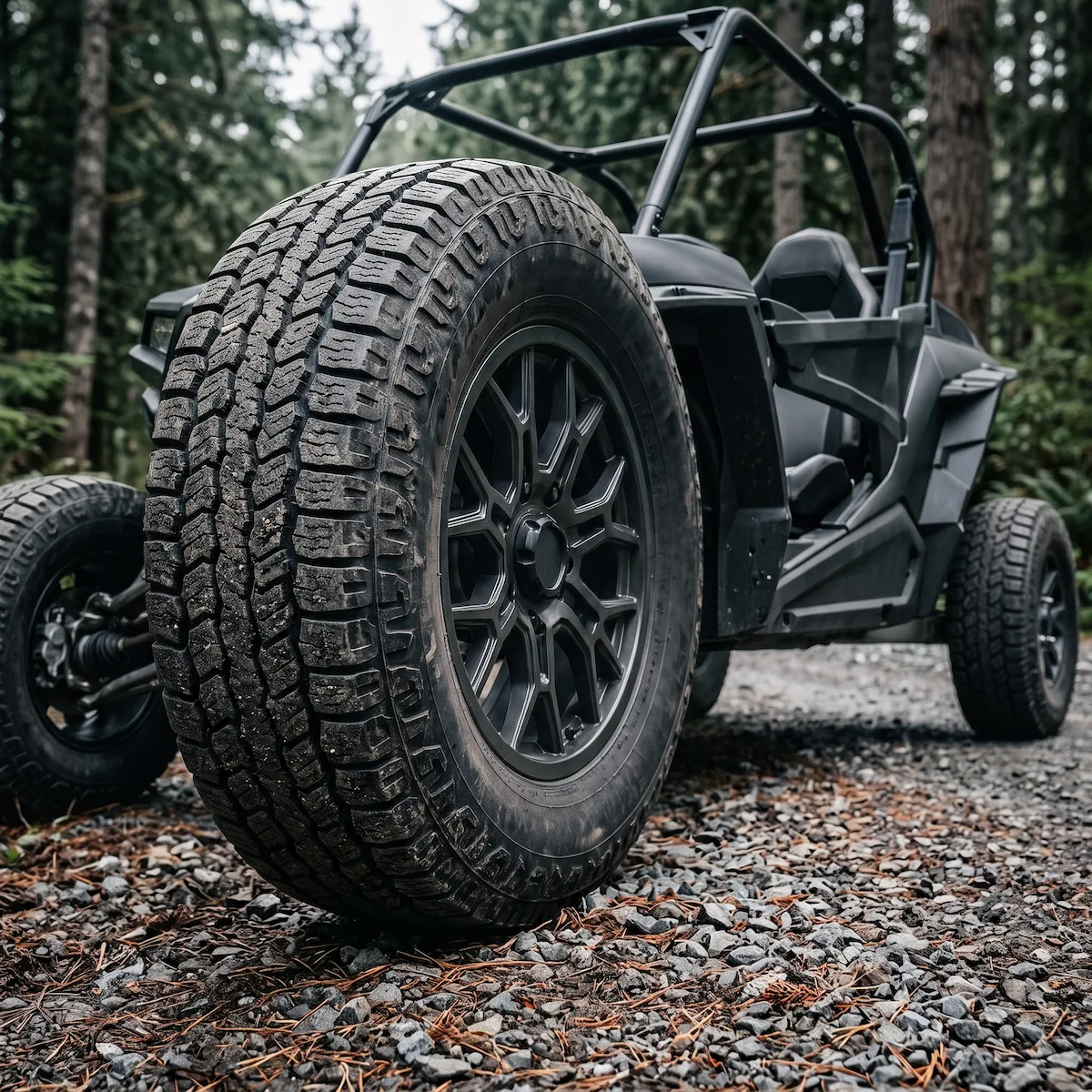 INVICTA ALL-TERRAIN tread blocks and stepped shoulder on a gravel forest road