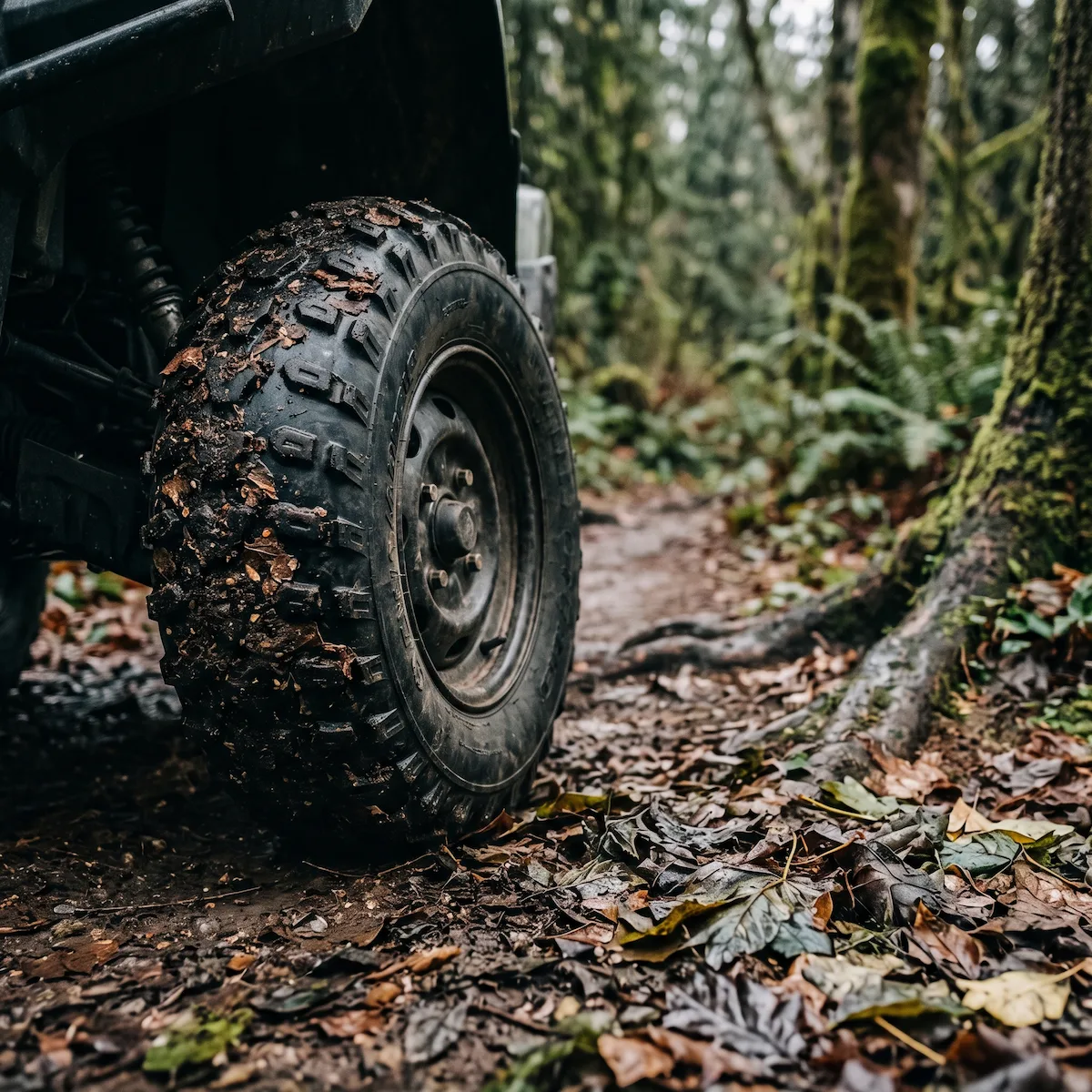 INVICTA BLACKTAIL ATV tire on a damp root-crossed forest trail
